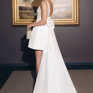 Jenny Yoo Ella- White Mini Dress with Dramatic Bow Train - Women's Dress